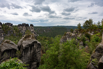 A mountain range with a cloudy sky in the background. The trees are green and the rocks are grey