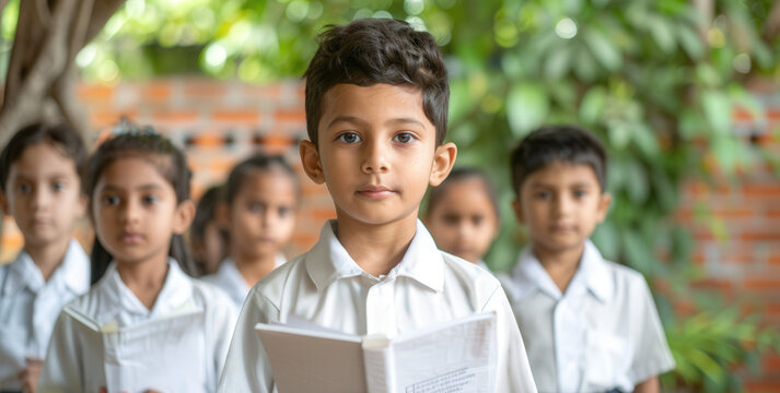 Children in school uniforms reading textbooks on International Literacy Day, emphasizing education and future prospects.