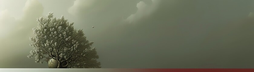 Obraz premium A solitary tree stands tall against a hazy, overcast sky.