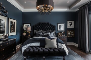 A chic bedroom with dark blue walls, a black tufted headboard, and dark wood nightstands. A large black chandelier hangs from the ceiling, and dark framed artwork decorates the walls.