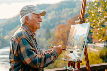 Happy smiling elderly male artist in cap and checkered shirt painting on canvas with color palette in autumn park with trees with golden foliage