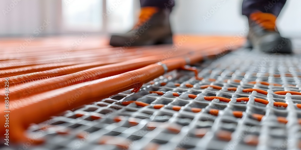 Aufkleber efficiently distributing heat installing underfloor radiant heating system with pipes. concept home 