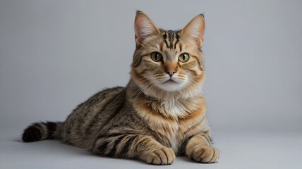 Obraz premium A tabby cat with a soft expression, lying down and looking directly at the camera, showcasing its beautifully patterned fur.