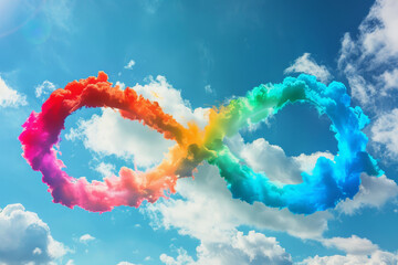 World autism awareness day background. Blue sky with rainbow colored clouds made infinity symbol of autism disorder.