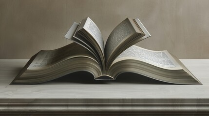 A weathered, open book with pages fanned out, lying on a simple, light-colored surface.  The book appears old and well-loved, suggesting stories and knowledge within.