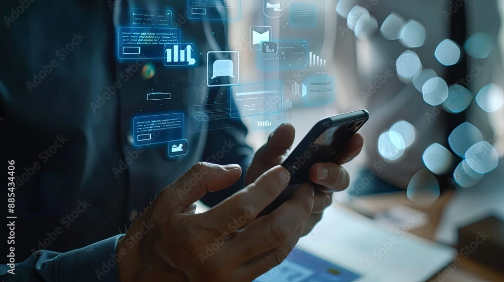 Poster invoice and online digital statements concept. businessman using smartphone with invoice icons on vi