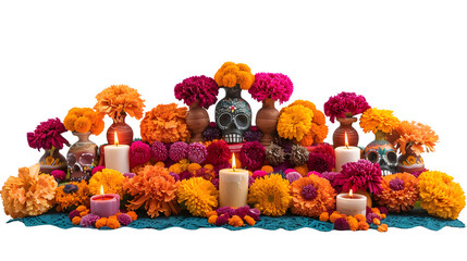 Day of the Dead altar for Hispanic Heritage Month, traditional Mexican ofrenda, cultural celebration of heritage and remembrance, png file, isolated on white