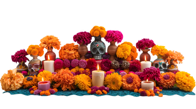 Day of the Dead altar for Hispanic Heritage Month, traditional Mexican ofrenda, cultural celebration of heritage and remembrance, png file, isolated on white
