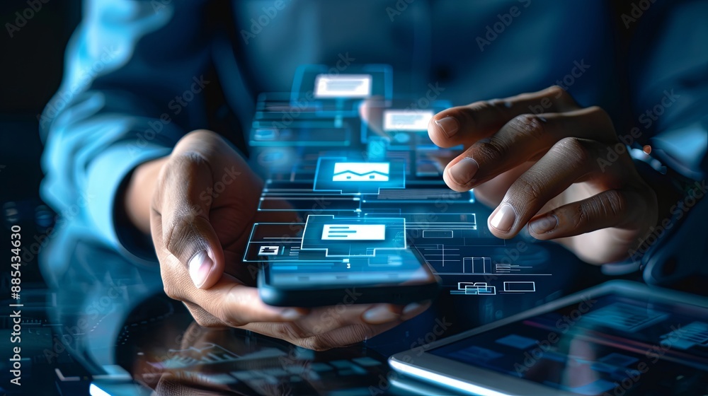 Poster invoice and online digital statements concept. businessman using smartphone with invoice icons on vi