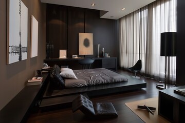 A contemporary bedroom with dark brown walls, a low-profile black platform bed, and dark sheer curtains. A sleek black desk with a modern chair sits in one corner,