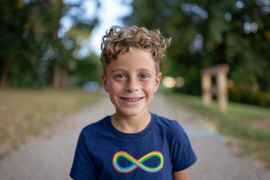 Smiling boy with autism infinity rainbow symbol sign on blue t-shirt outdoors. World autism awareness day, autism rights movement, neurodiversity, autistic acceptance movement - Powered by Adobe