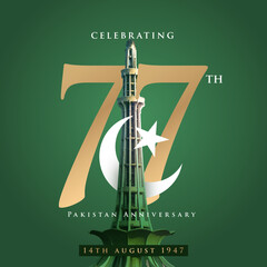 Celebrating 77 year pakistan anniversary. Translate: Jashn e azadi urdu calligraphic. 3d rendering illustration.