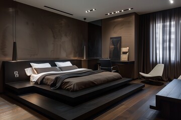 A contemporary bedroom with dark brown walls, a low-profile black platform bed, and dark sheer curtains. A sleek black desk with a modern chair sits in one corner,