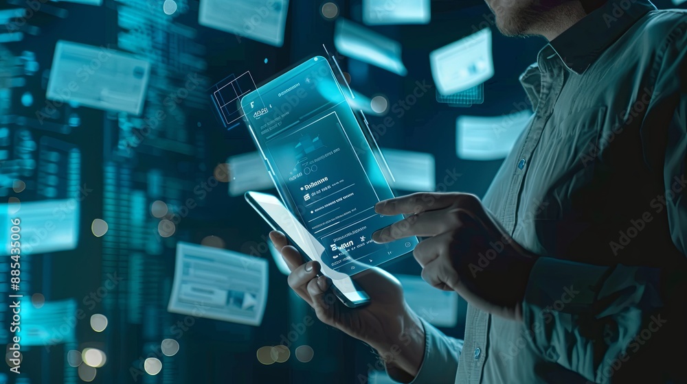 Poster invoice and online digital statements concept. businessman using smartphone with invoice icons on vi