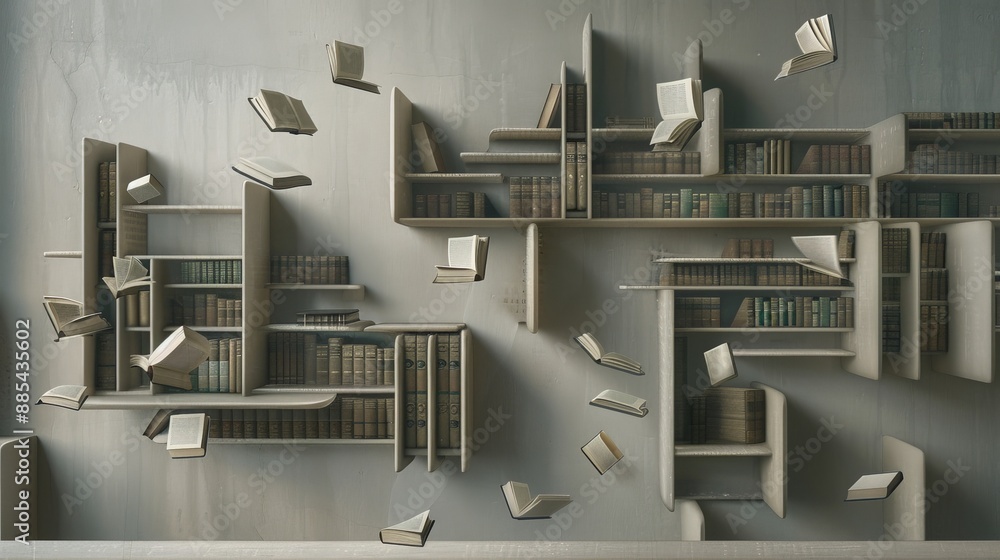 Aufkleber abstract bookshelf with floating books against a gray background.