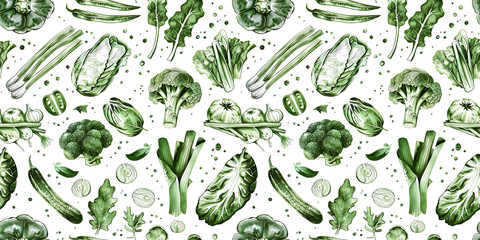 Healthy eating with various of green vegetables in water color drawing with seamless pattern flat lay design.white background texture