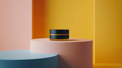 A small jar of cream sits on a pedestal in front of a colorful wall