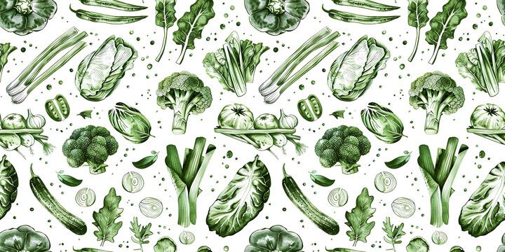 Healthy eating with various of green vegetables in water color drawing with seamless pattern flat lay design.white background texture