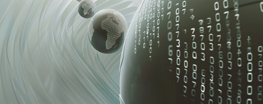 Abstract digital background with swirling data and binary code.