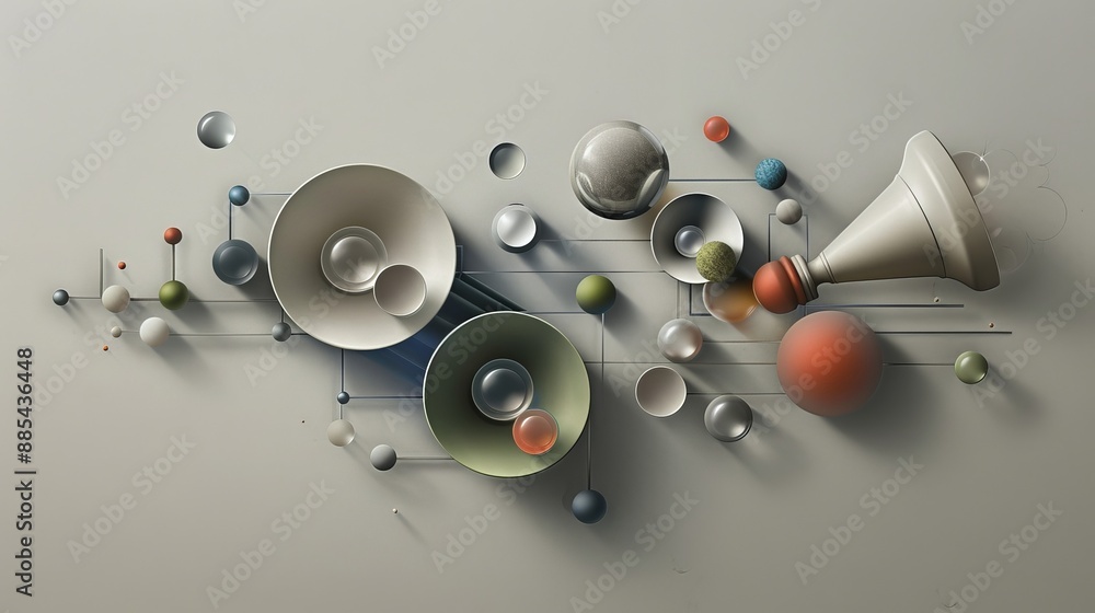 Poster abstract still life with various geometric shapes and muted colors, creating a sense of balance and 