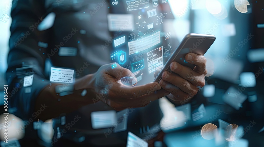 Poster invoice and online digital statements concept. businessman using smartphone with invoice icons on vi