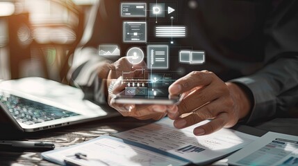 Invoice and online digital statements concept. Businessman using smartphone with invoice icons on virtual screen