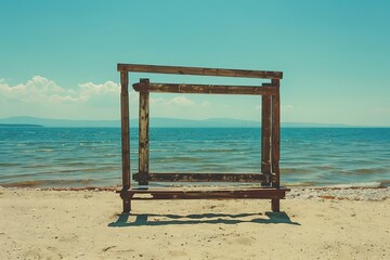 Empty wooden gate on the beach with blue sky and sea background.