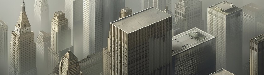 Aerial view of tall skyscrapers in a city.