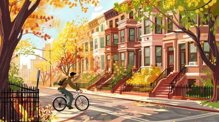 Fototapeta premium Illustrate a cozy urban scene with a cyclist commuting to work, riding along a tree-lined street with beautiful brownstones. 