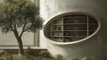 Fototapeta premium An oval window reveals a bookshelf filled with books in a building with a tree in the foreground.