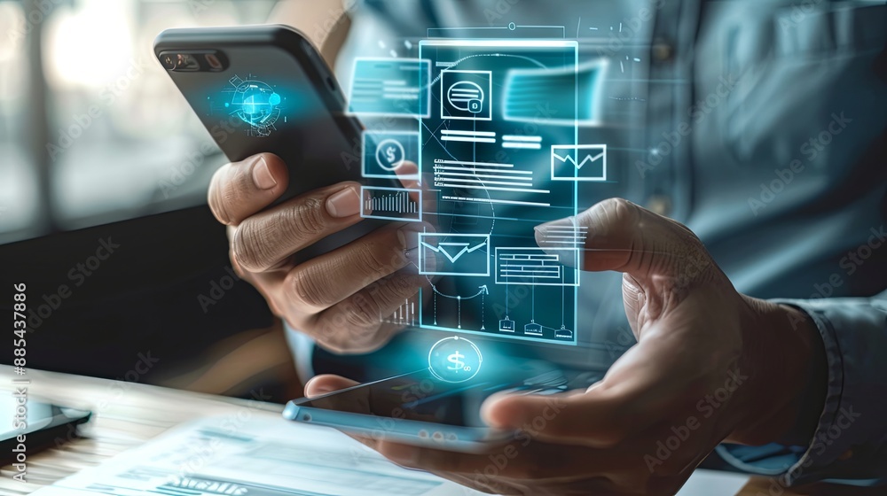 Poster invoice and online digital statements concept. businessman using smartphone with invoice icons on vi