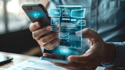 Invoice and online digital statements concept. Businessman using smartphone with invoice icons on virtual screen