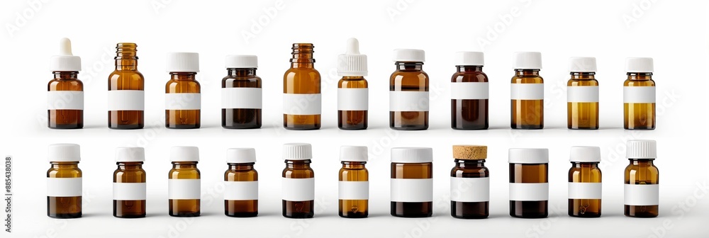 Poster a row of brown bottles with white labels. the bottles are lined up in a row, with some of them being