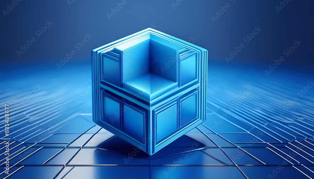 Poster abstract render blue cube shape featuring geometric design minimalist touch