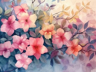 Intricate watercolor flowers, soft and vibrant colors, delicate petals and leaves, gentle brushstrokes, serene and artistic, detailed illustration