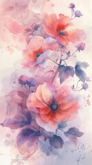 The detailed watercolor illustration of flowers, soft pastel hues, intricate petals and leaves, gentle brushstrokes, artistic and serene, elegant and refined