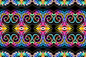 Aesthetic seamless colourful flowers and leaf line art pattern batik of indonesian traditional dayak 