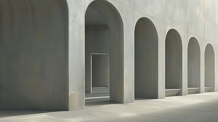 Minimalist architectural design with a row of arched doorways, bathed in soft light.