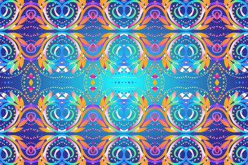 Aesthetic seamless colourful flowers and leaf line art pattern batik of indonesian traditional dayak 