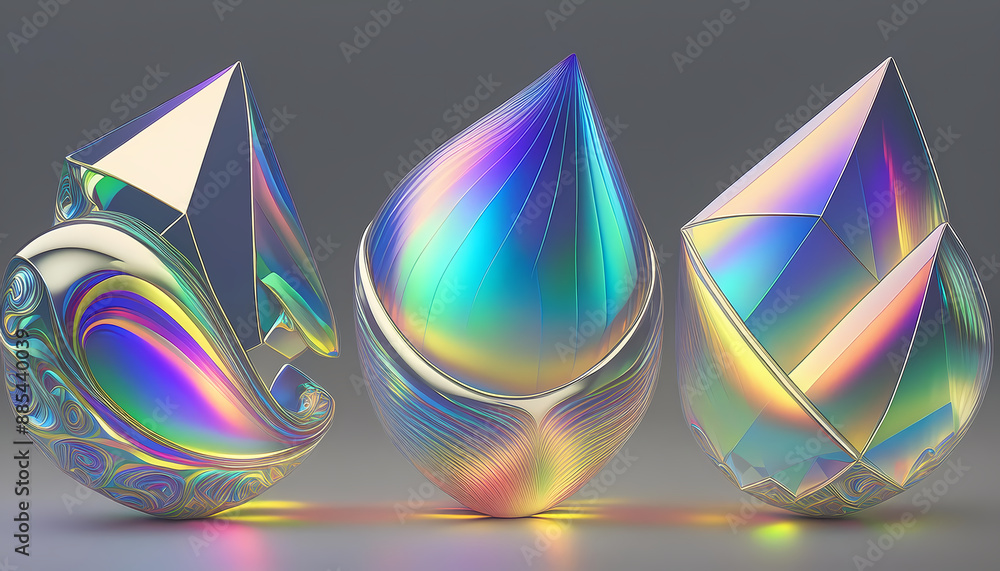 Poster set abstract iridescent shapes rendered prismatic effect