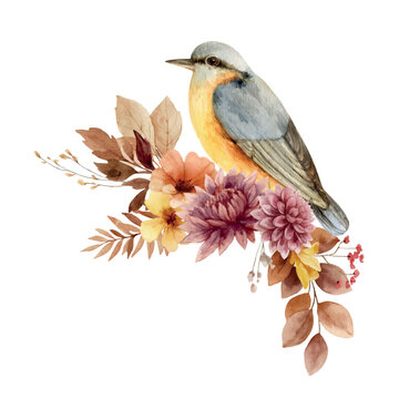 recommend clip art: Autumn vector floral illustration clipart. Fall arrangement with Nuthatch bird, flowers and leaves. Hand drawn wildlife forest animal. Illustration for greeting cards, invitations, poster and