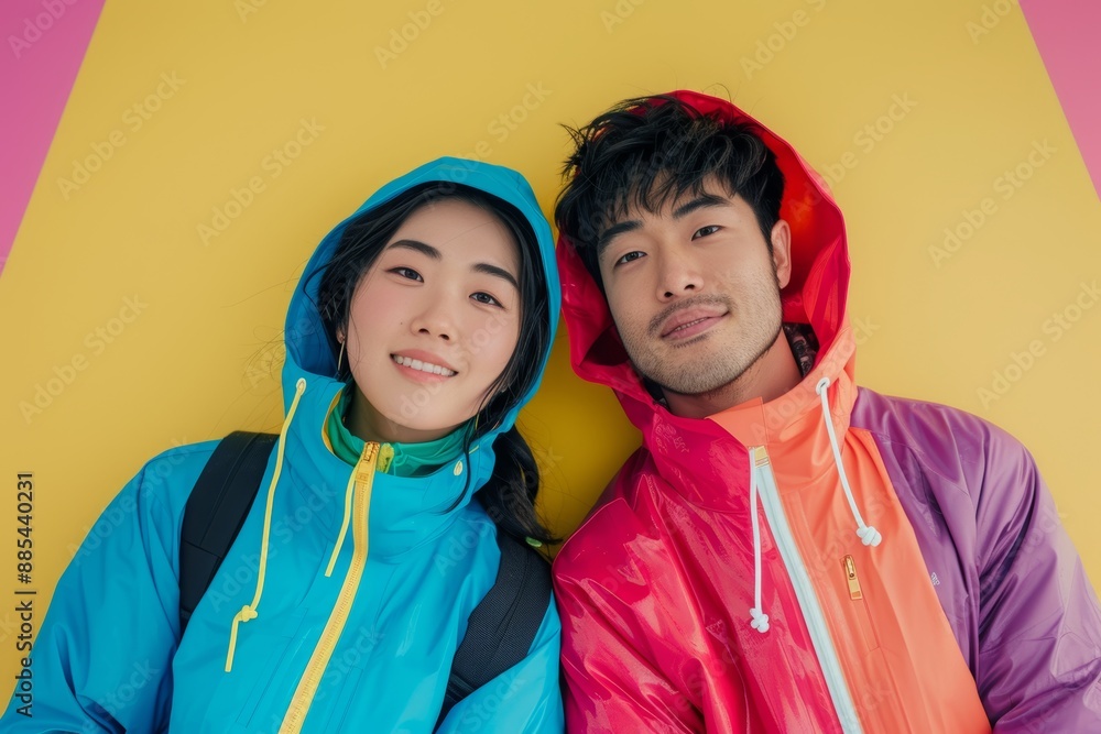 Wall mural Portrait of a content asian couple in their 20s wearing a vibrant raincoat in front of minimalist or empty room background