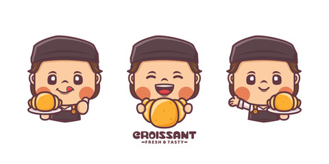 croissant logo mascot, cartoon illustration with different poses and expressions