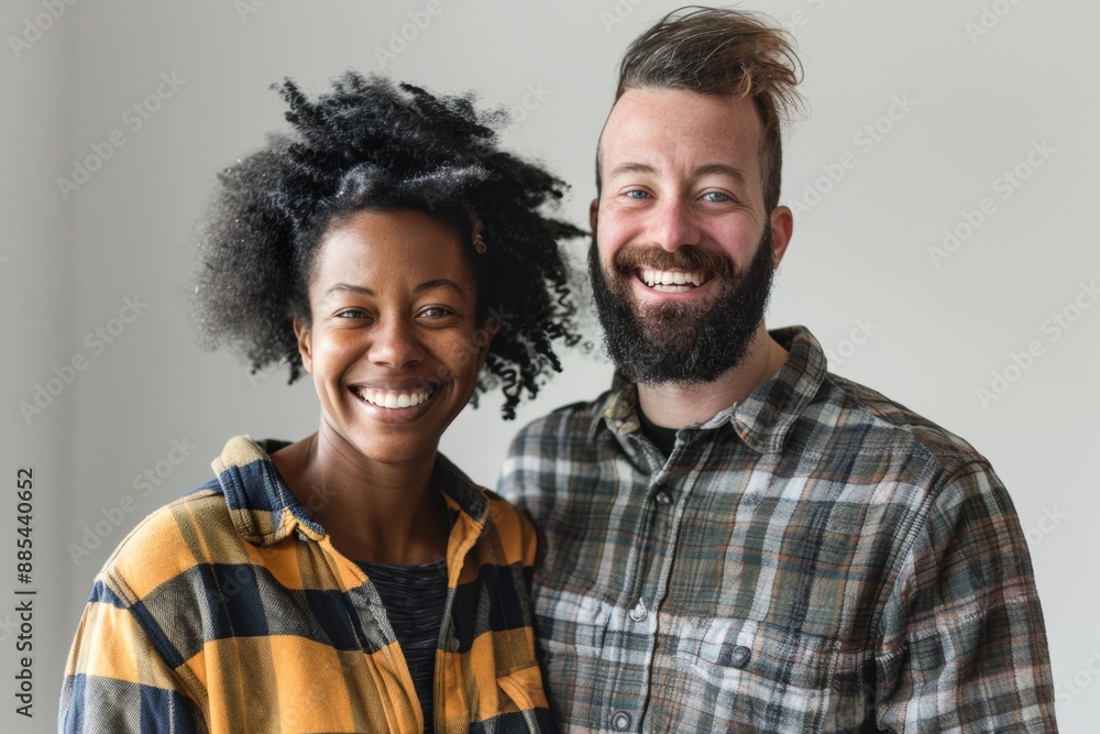 Wall mural Portrait of a smiling multiethnic couple in their 30s wearing a comfy flannel shirt on minimalist or empty room background