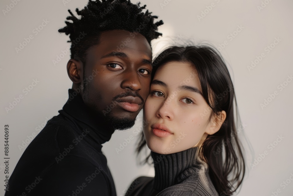 Wall mural Portrait of a content mixed race couple in their 20s wearing a classic turtleneck sweater while standing against minimalist or empty room background