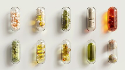 Pure and Potent Organic Supplements in Transparent Capsules on White Background
