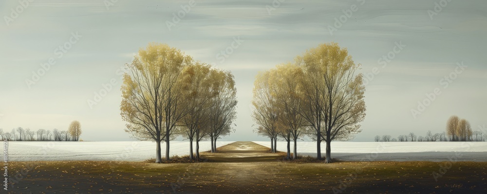 Poster serene landscape with a line of trees along a path in a misty field.