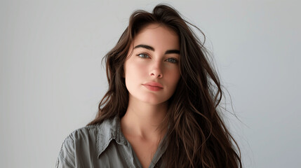 Fototapeta premium Serious Young Woman with Long Hair in Minimalist Setting