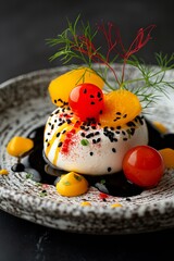 Gourmet dessert with artistic presentation of fruits and sauce