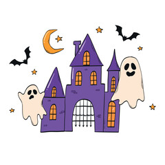 Halloween scene with doodles, decorative elements for posters, prints, cards, signs, stickers, invitations, banners, templates, etc. EPS 10